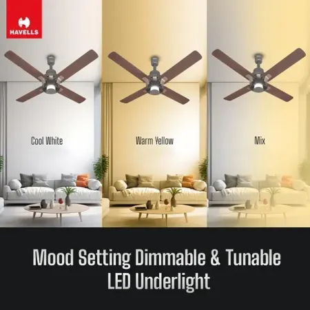 Havells Florette Under Light BLDC Ceiling Fan – 1320mm, 5 Star, Remote Control, Smoke Brown Wood | Lightpoint.in