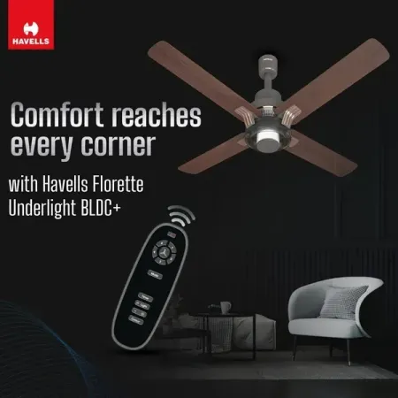 Havells Florette Under Light BLDC Ceiling Fan – 1320mm, 5 Star, Remote Control, Smoke Brown Wood | Lightpoint.in
